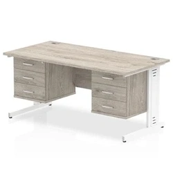 Image of Impulse 1600x800mm Desk Grey Oak White Leg 2x3 Drawer Fixed Pedestal