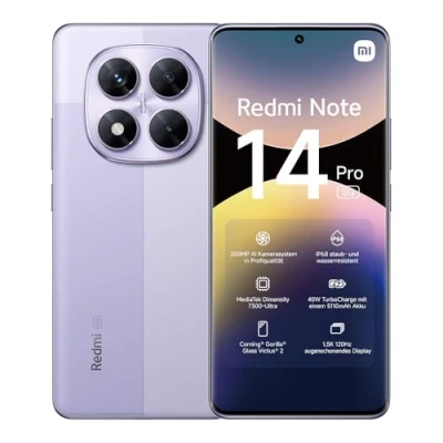 Image of Xiaomi Redmi Note 14 pro 5G smartphone, 8+256GB, Purple, 200MP grade AI camera, IP68, 45W turbo charging with 5110mAh battery, features (no charger included), 2 year Warranty