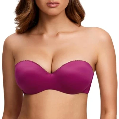 Image of DOBREVA Women&#039;s Strapless Push Up Bra Padded Underwire Boost Cups Multiway Bandeau Magenta Purple 36A