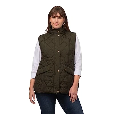 Image of Ulla Popken Women&#039;s Steppweste, Wasserabweisend, Fasanen futter, Ärmellos Vest, Dunkles Oliv, 58 60