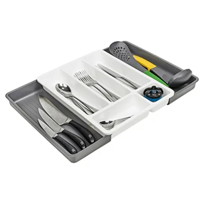 Image of URBNLIVING Plastic Expandable Drawer Kitchen Extendable Organiser Cutlery Space Saving Compact Utensil Tray With 7 Holder Compartments (Grey)