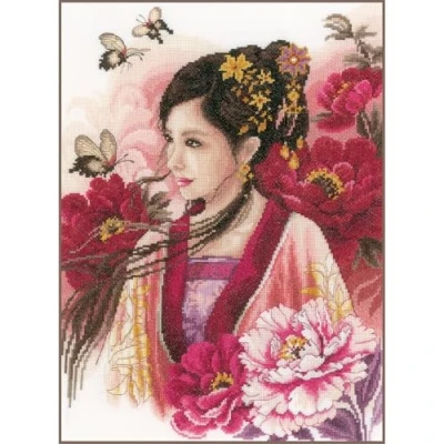 Image of Lanarte Counted Cross Stitch Kit: Asian Lady in Pink (Evenweave), Cotton, NA, 30 x 41cm