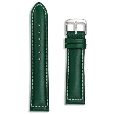 Image of Italian Leather Watch Strap Green 22mm Sorrento Oiled Band White Stitching Gold Silver Buckle Spring Bars and Tool Included 22