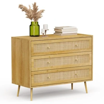 Image of VonHaus Chest of Drawers for Bedroom Scandi Style 3 Drawer Natural Rattan Organiser with Metal Handle &amp; Tapered Legs Boho Look Storage Living Room, Cane