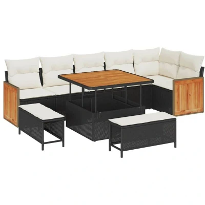 Image of vidaXL 9 Piece Garden Sofa Set with Cushions Black Poly Rattan Acacia