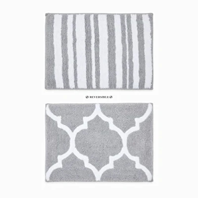 Image of Penguin Home Microfiber Tufted Reversible Bath Mat, Super Soft and Highly Absorbent With Designs,Moroccan Stripes,Tubs Room Floors, 1775 GSM 43x61 cm, Colour Silver &amp; White