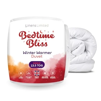 Image of Linens Limited Single Duvet 13.5 Tog, Bedtime Bliss, Winter Warmer Quilt, Soft and Comfy, Hollowfibre, Machine Washable (White)