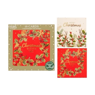 Image of RSW Pack of 10 Assorted Christmas Cards 2 Designs Merry and Wishes Wreath/Berry Themed Eco Friendly Packaging 100% Recyclable