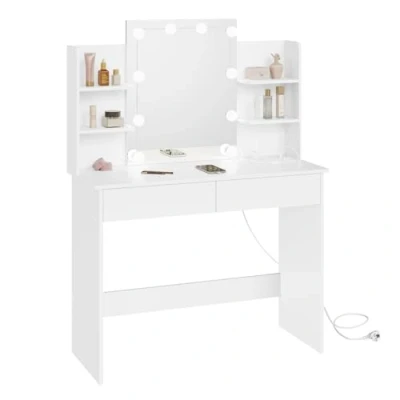 Image of WOLTU Dressing Table, Vanity Desk with 10 Bulb LED Light Chain, White Table Mirror, 2 Drawers, 4 Shelves, 90x40x135cm, MB6123ws