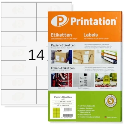 Image of Universal labels, 1400 pieces, 105 x 41 mm, Self adhesive, white, printable 100 A4 Sheets with 14 (2x7) Labels each, 105x41 3477 4475