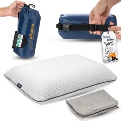 Image of alkamto Travel Pillow Ergonomic Neck Support Memory Foam with Temperature Regulating Pillowcase Includes Extra Cotton Cover and Carry Bag (15,7 x 10,6 3,9 In White + Cover)