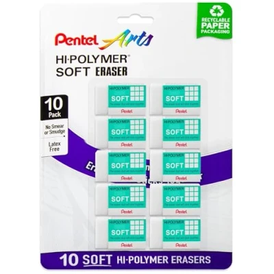 Image of Pentel Hi Polymer Soft Eraser Pack of 10 White Erasers for School and Office