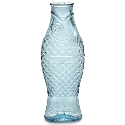 Image of Glass Water Pitcher Fish &amp; glassware by Paola Navone Wine Carafe Decanter 28.74 fl oz Clear Light Blue Bottle Container, hot or cold Drinks Beverage Dispenser Suitable as Vase