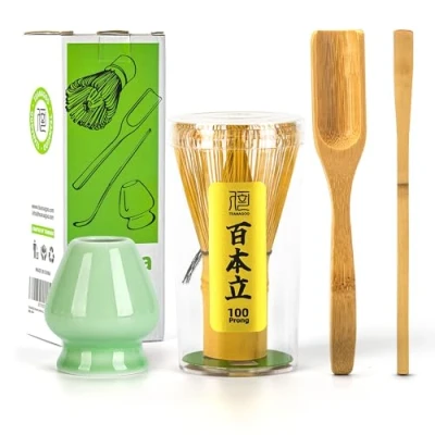 Image of TEANAGOO Japanese Matcha Ceremony Accessory, Whisk (Chasen), Bamboo Scoop (Chashaku), Tea Spoon, Green Celadon Holder,TG I1, The Perfect Set to Prepare a Traditional Cup of Matcha.