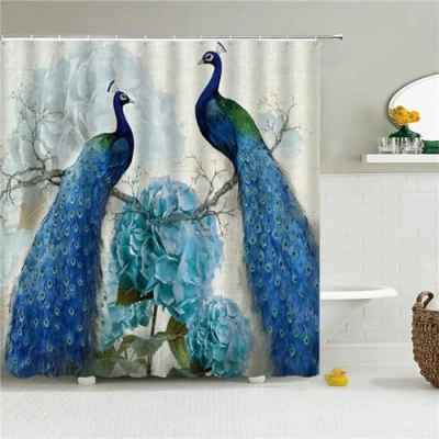 Image of Pink Flower Peacock Shower Curtain Washable Bath Curtains,with 12 Hooks and Weighted Hem,Fabric Curtains Outdoor Waterproof Polyester for Tub Stall,90x200cm W36*L79 Inch