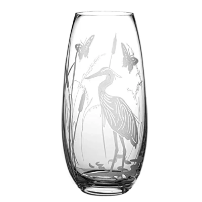 Image of DIAMANTE Barrel Shaped Crystal Vase &quot;Heron&quot; Etched Bird Decoration Flower 25cm