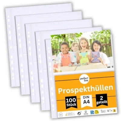 Image of perfect line 100 Transparent A4 Segmented folders, Clear Punched Pockets Divided into 2 Segments (A5 lengthwise), colourless Sheets with Insertion on top Side