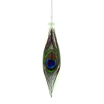 Image of Festive Christmas 15 Centimeter Peacock Feather Glass Drop Ball