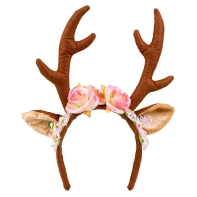 Image of Boland Reindeer Antlers on Headband with Ears and Flowers, Ladies Fancy Dress Accessory, Women, Christmas, Festive, Novelty, Headband, Adult, One Size (Brown)