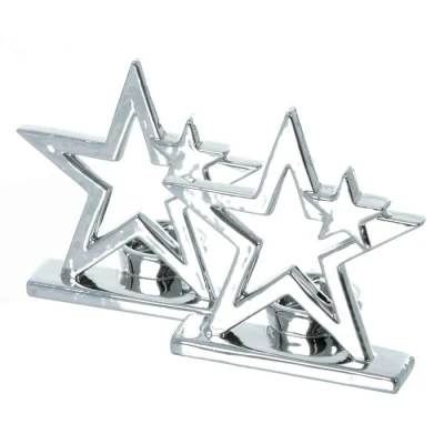 Image of Mr Crimbo Set of 2 Christmas Tealight Candle Holders Star Design Polished Silver Finish