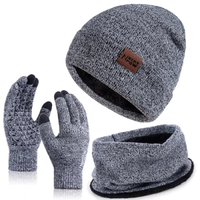 Image of Nertpow Men Womens Hat Scarf and Gloves Set, Knit Lined Warm Winter Touch Screen Beanie Neck Warmer Snood Gift Set（Gloves&amp;Beanie&amp;Scarf Black White）