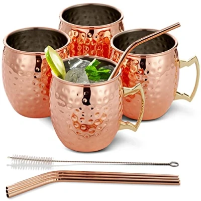 Image of Oak &amp; Steel 4 Large Moscow Mule Cocktail Mugs, 550ml Hammered Design Copper Cups Gift Set with Stainless Straws Cleaning Brush
