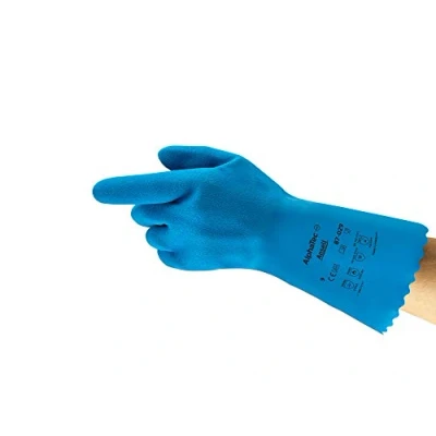 Image of Ansell AlphaTec 87 029 Multi Purpose Work Gloves, Chemical Resistant, Food Contact Approved, Industrial PPE, Safety Glove in Latex, Men Women, Reusable, Blue, Size L (12 Pairs)