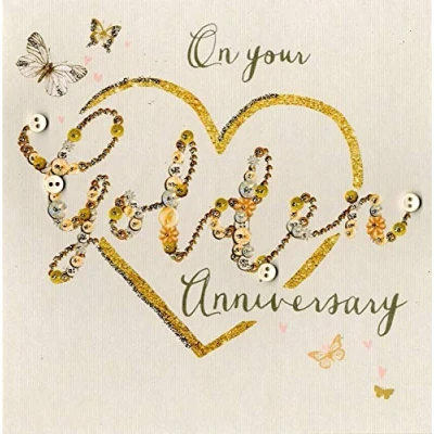 Image of On Your Golden 50th Anniversary Buttoned Up Greeting Card Embellished Cards