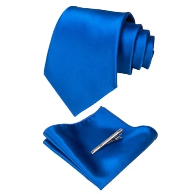 Image of JEMYGINS Blue Tie Silk Necktie and Pocket Square With Clip Sets for Men (6)
