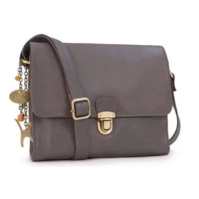 Image of Catwalk Collection Handbags Women&#039;s Leather Crossbody Bag Medium A5 Size Messenger Handbag With Multiple Compartments DIANA Grey