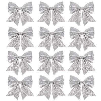 Image of VEYLIN Christmas Bow Decorations, 12pcs Silver Bows for Tree Sequin Wreaths Xmas Decorative Ornaments