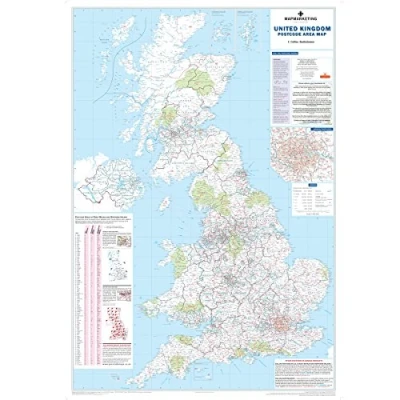 Image of UK Postcode Wall Map Laminated Large Clearly Shows Postcode, County And District Boundaries, Main Roads, Cities, Towns Villages 120cm X 83cm (Laminated)