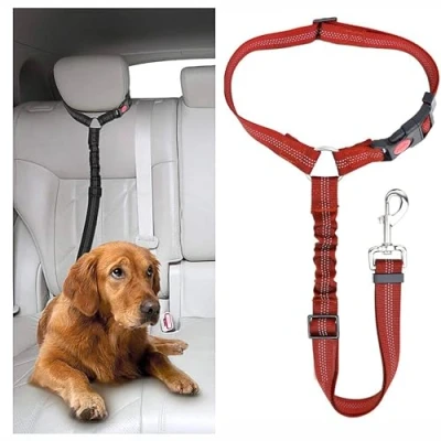 Image of DOETYD Dog Car Seat Belt Adjustable Pet Pillow Harness，Cushioned Leash，Nylon Durable Elastic Leash，Restraint Safety Leash (Red)