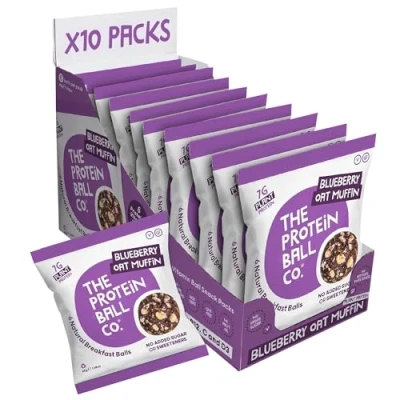 Image of Protein Balls Blueberry Oat Muffin by The Ball Co 100% Natural, Plant Based, Vitamin Enriched, Snacks 10 x 45g Bags High Fibre, Gluten Free, No Added Sugar