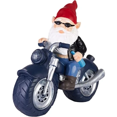 Image of BRUBAKER Motorcycle Garden Gnome Black Motorcyclist Biker with Beer Bottle Funny Rocker Ornaments Waterproof Decoration for Camping and Outdoor 11 inches tall