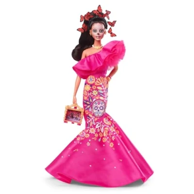 Image of ​2023 Día De Muertos Barbie Doll Wearing Ruffled Pink Gown and Holding Tiny Ofrenda, Signature, HJX14