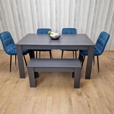 Image of KOSY KOALA Dining Table and 4 Chairs With Bench Black Dark Grey Blue Velvet Wood Set Furniture