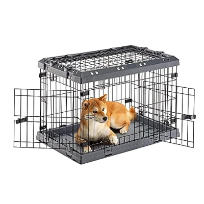 Image of Ferplast Dog Crate Cage Folding for Small Dogs, Chew Resistant Plastic Base Metal Cage, Divider and Wheels included, Double lock, 3 Doors, S, 77 x 51 h 55 cm.