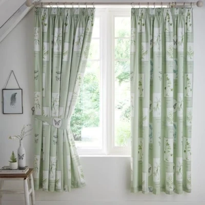 Image of Dreams &amp; Drapes Floral Plants Butterfly Specimen W66 x L72 (168 183cm) 2x Panels Tie Backs Included Flower Pencil Pleat Curtains for Bedroom/Living Room Matching Bedding