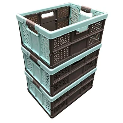 Image of keeeper 3 x 32 Litre Extra Strong Folding Plastic Stacking Storage Crates BOX 30KG LOAD CAPACITY PER SOFT HANDLES