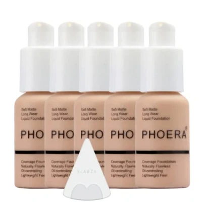 Image of Glamza Phoera Foundation Full Coverage Makeup Set 24hr Long Lasting Oil Control Soft Smooth Matte Flawless Concealer Cream Inc x5 30ml &amp; Silicone Blender Sponge (103 Warm Peach)