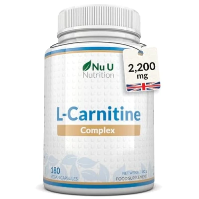 Image of L Carnitine Complex 2200mg 180 High Strength Vegan Capsules with Riboflavin, Biotin, Chromium, Vitamin D, B3 &amp; B6 Tartrate Supplement Made in The UK Nu U Nutrition