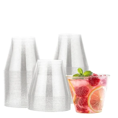 Image of MATANA 30 Clear Hard Plastic Cups, Tumblers with Silver Glitter (255ml / 9oz) Sturdy &amp; Reusable Birthdays, Weddings, Anniversary, Christmas, BBQ, Picnic, Parties