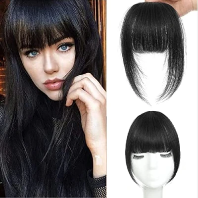 Image of Clip in Bangs 100% Human Hair French Extensions, (Natural Black Fringe with Temples Hairpieces for Women Curved Daily Wear Black, Bangs)