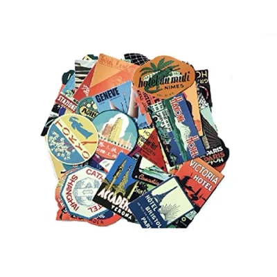 Image of CMJ™ 55 x Luggage Suitcase Retro Vinyl Stickers Vintage Hotel Names World Travel UK Seller