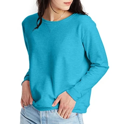 Image of Hanes Women&#039;s Crewneck, EcoSmart Fleece Pullover with V Notch, Sweatshirt, Bold Blue Heather, Large