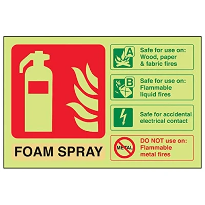 Image of V Safety Glow In The Dark Foam Spray Id Electrical Safe Fire Extinguisher Sign 150mm x 100mm Self Adhesive Vinyl