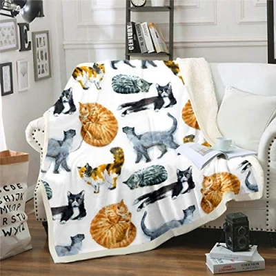 Image of Cat Sherpa Blanket Cute Kitten Print Fleece Pet Cats Pattern Throw for Couch Chair Sofa Lovely Animal Theme Warm Plush Ultra Soft Room Decor Double 60&quot;x79&quot;
