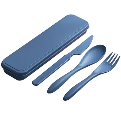 Image of Travel Cutlery Set with Case, Reusable Set, Plastic Knife Fork Spoon Portable Camping for Picnic Office School Lunch (Blue)