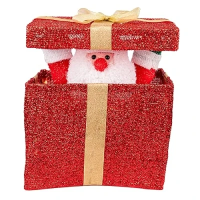 Image of SHATCHI Animated Christmas Pup up Lighted LED Gift Box Santa Present Parcel Novelty Xmas Holiday Party Decorations for Fireplace Windowsill Bedroom Shelf Living Room Home Office, Metal, Red, 32cm